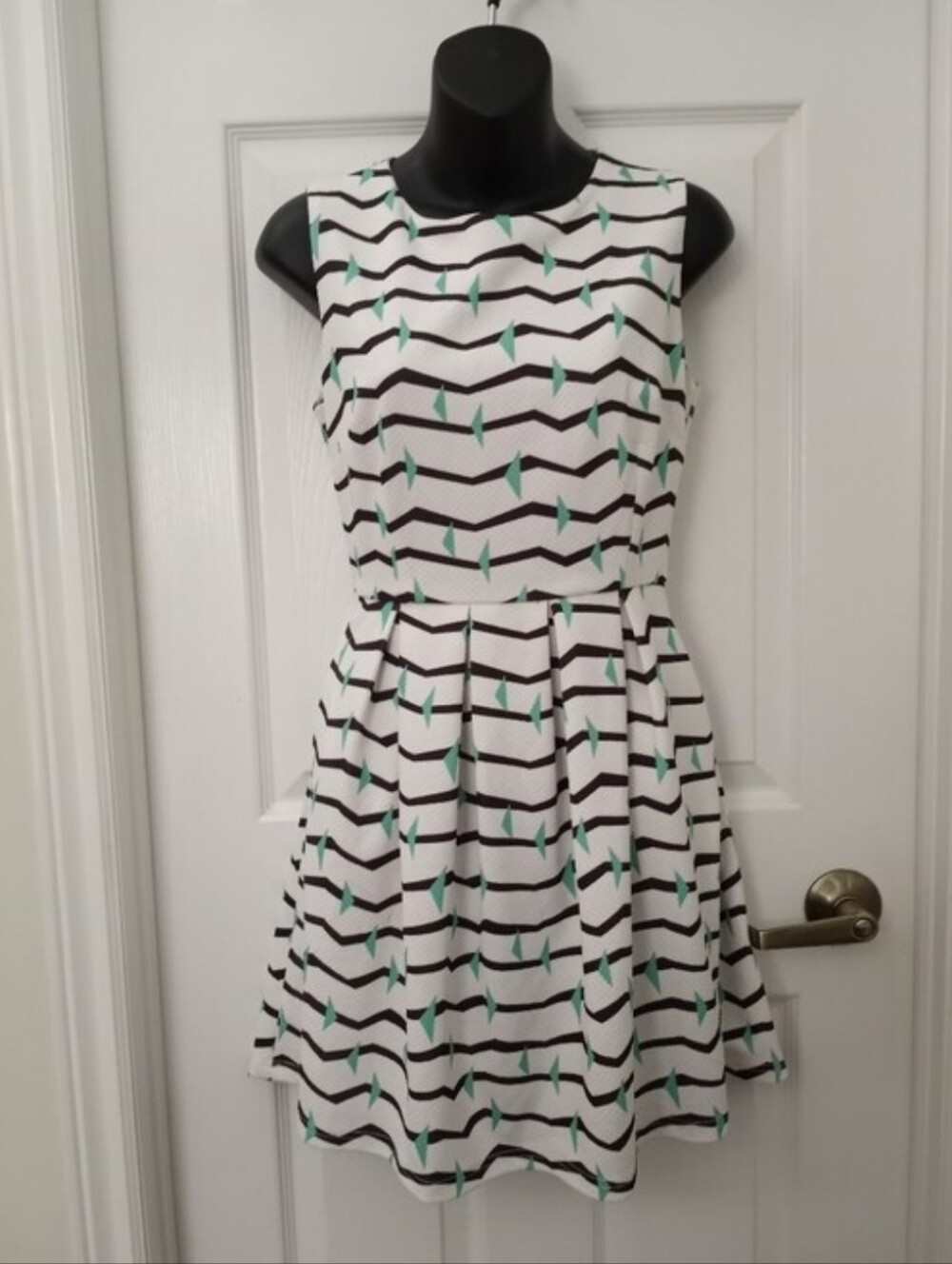 Pink Martini White Dress with Black Chevron and Mint Accents, Pockets